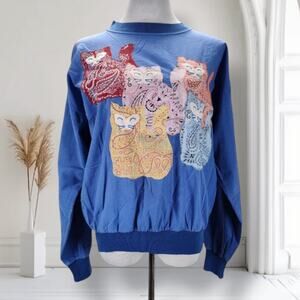 Vintage 80s Bandana Cats Pullover Top Blue Cotton Appliqué L XL Kitsch